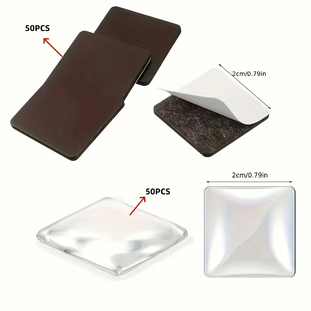 A set of decorative refrigerator magnets includes dark brown and silver square pieces.