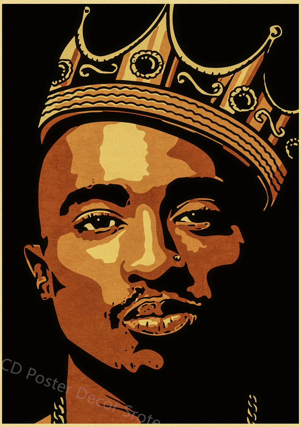 A close-up portrait of Tupac wearing a golden crown, printed on brown kraft paper.