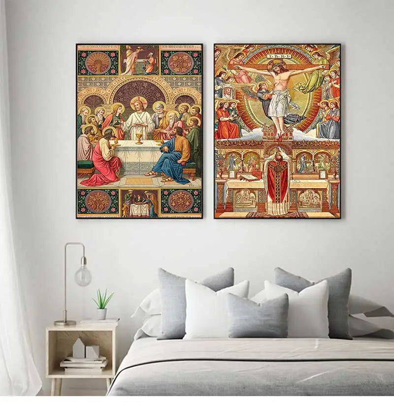 Impression artistique encadrée représentant une scène religieuse, probablement la Dernière Cène, avec des figures rassemblées