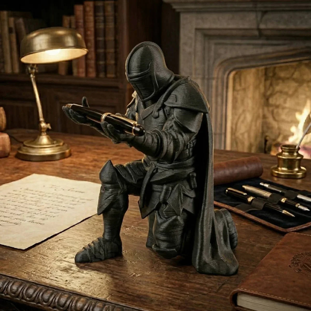 A dark, 3D printed medieval knight figure holding a pen in a dimly lit study setting.