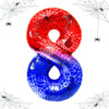 A foil balloon shaped like the number 8, featuring a spider web design in red and blue colors.