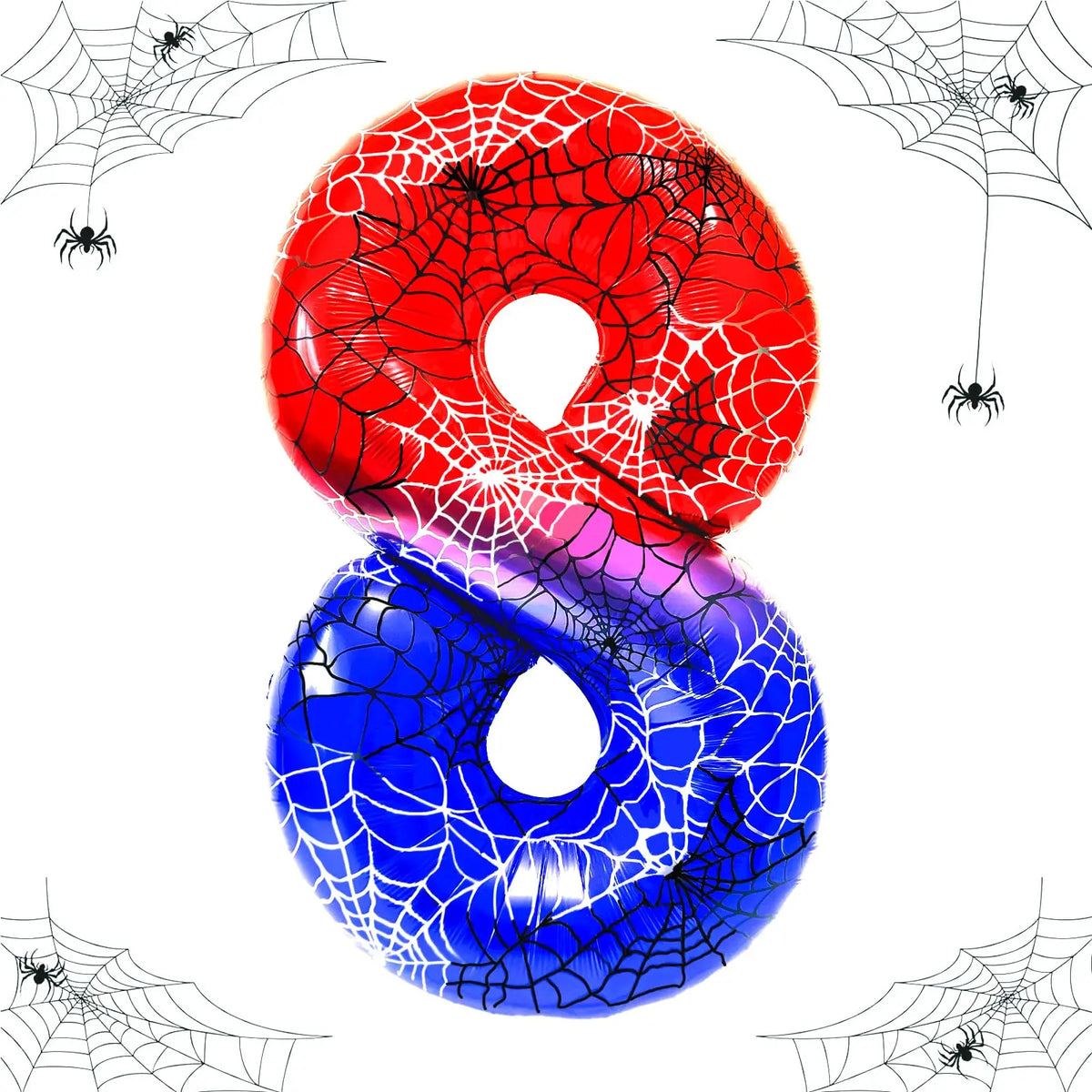A foil balloon shaped like the number 8, featuring a spider web design in red and blue colors.