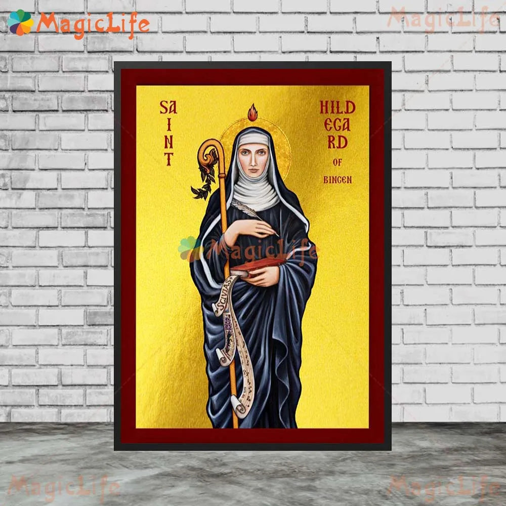 A painting of Saint Hildegard of Bingen, a female saint, depicted in dark robes against a golden background.