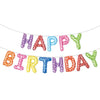 A string of colorful foil letter balloons spelling out Happy Birthday for party decoration
