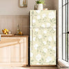 A refrigerator featuring a minimalist floral pattern with white roses and green leaves on a light beige background.