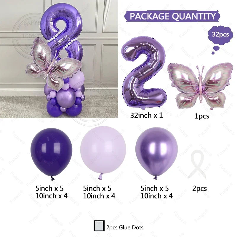 Globos de mariposa morada con números grandes y de varios tamaños para fiestas