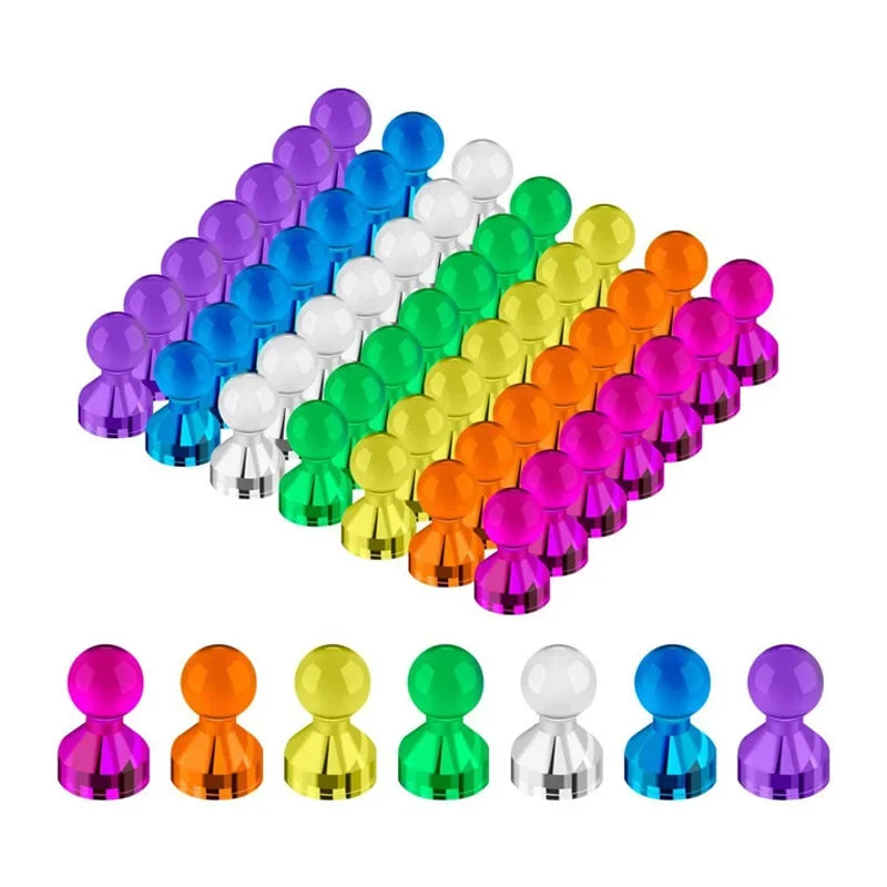 A collection of ten colorful neodymium pin magnets with plastic shells arranged in a pyramid formation.