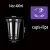 A clear plastic drinking cup and lid set shown with dimensions 14oz 400ml.