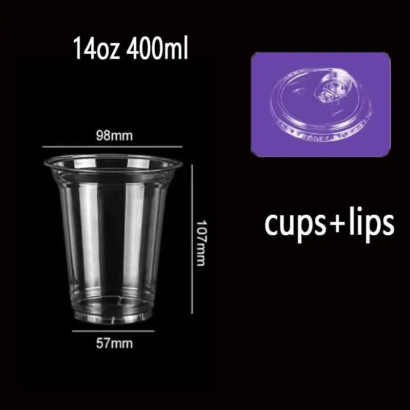 A clear plastic drinking cup and lid set shown with dimensions 14oz 400ml.