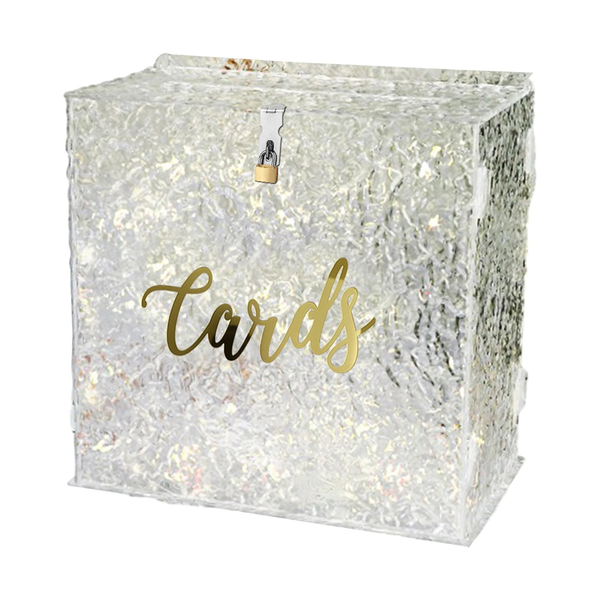 A clear acrylic gift box filled with silver glitter and featuring a gold script word card