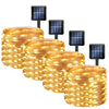 A set of solar powered fairy lights with multiple modes and black mounting posts for outdoor garden décor.