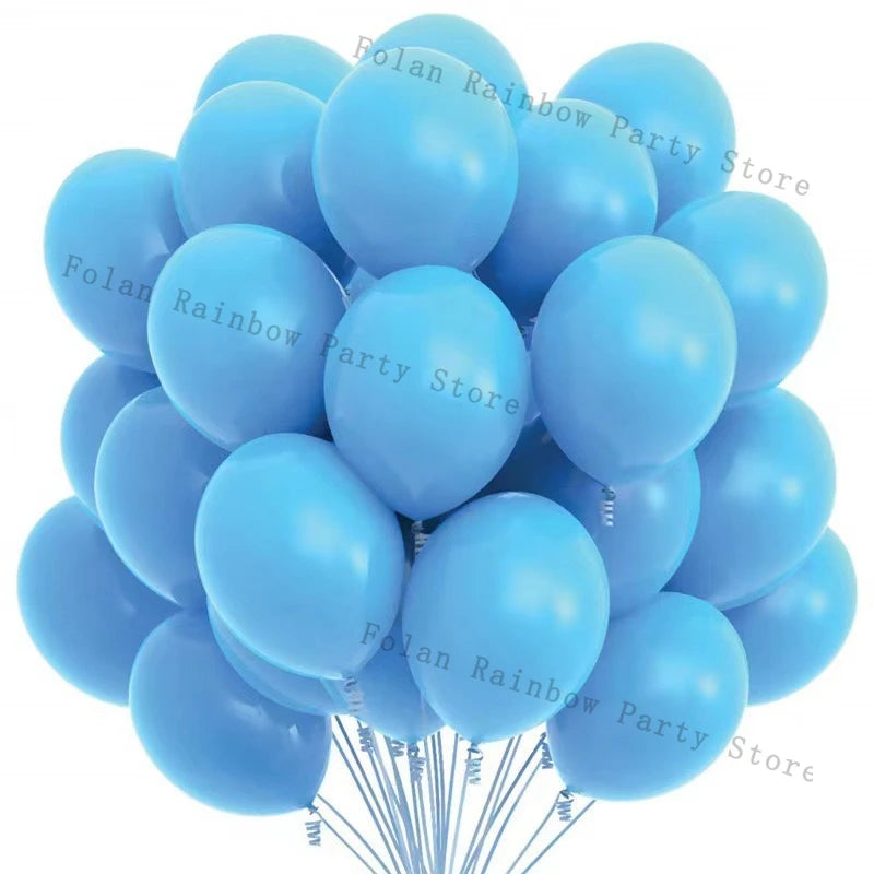 A cluster of matte blue latex balloons forming a garland or bouquet.