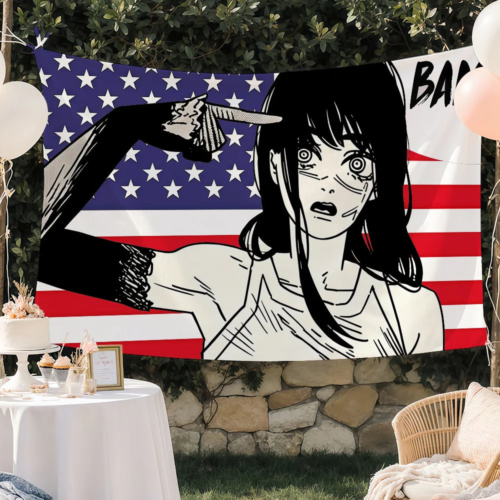 A tapestry featuring a stylized anime character with intense eyes pointing at an American flag.