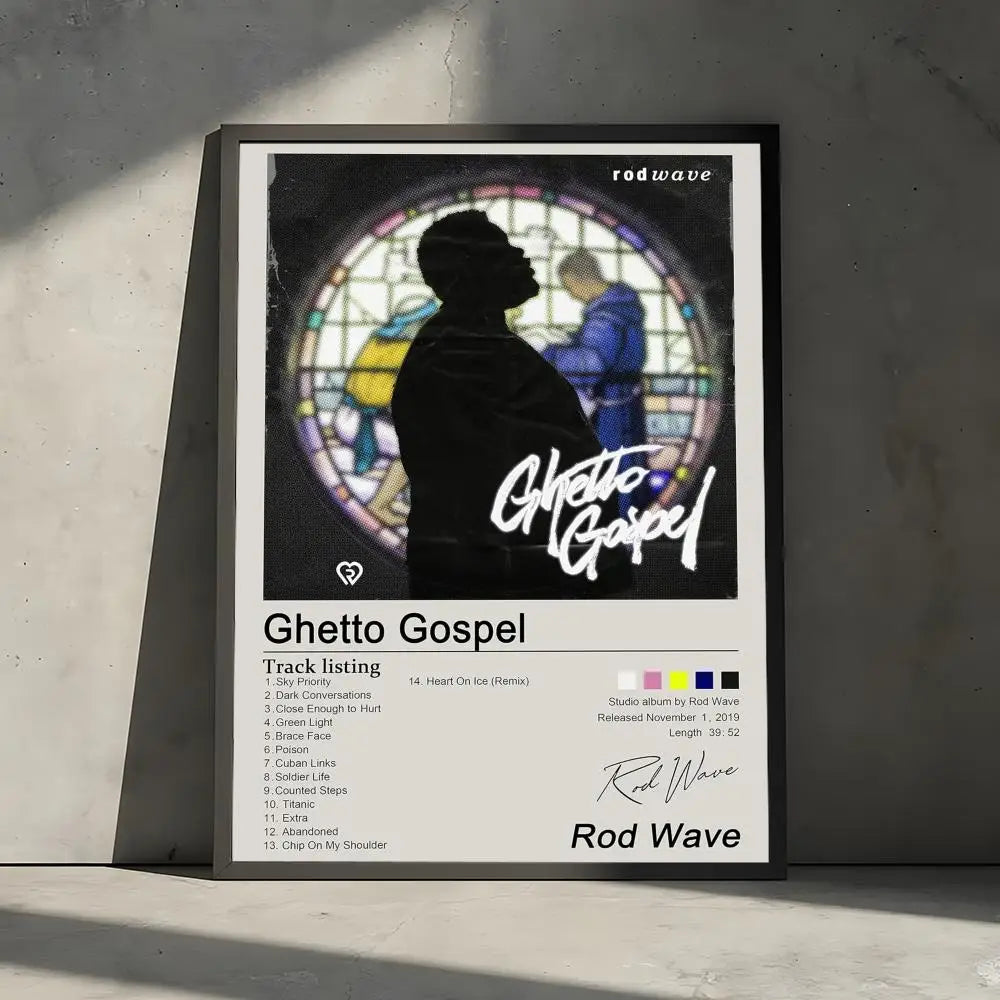 Album cover art for Ghetto Gospel by Rod Wave featuring a silhouette and text on a black background
