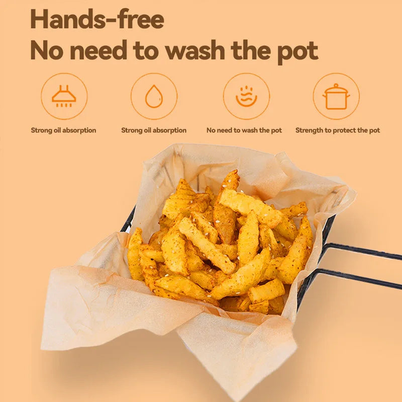 A pile of golden fried food in a paper lining is shown next to icons detailing hands-free cooking benefits.