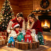 A woman and a child are surrounded by reusable Christmas drawstring gift bags with snowflake designs near a fireplace.
