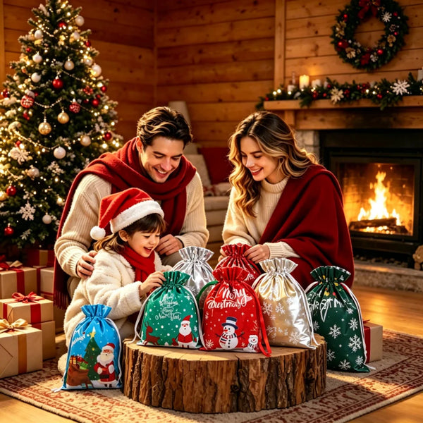 Reusable Christmas Drawstring Gift Bags with Snowflake Design