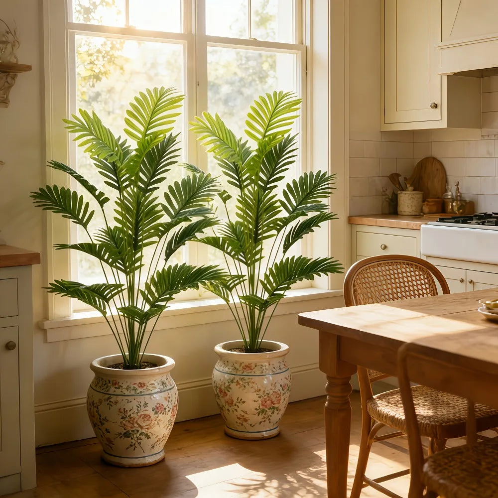 A large artificial palm tree with vibrant green monstera leaves in a ceramic pot sits on a wooden table.
