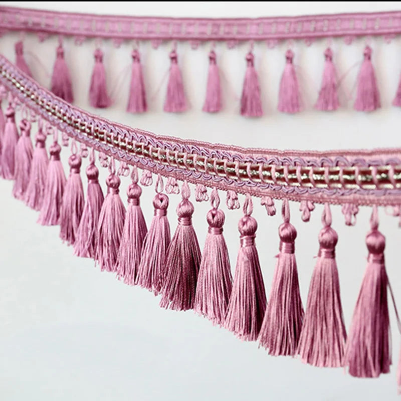 Pink decorative tassel fringe trim with gold embroidery for curtains and DIY projects