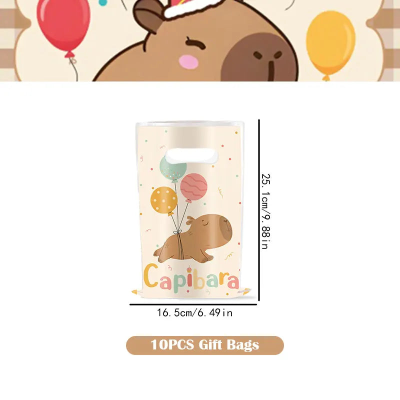 A clear plastic gift bag featuring a cute capybara design with balloons.