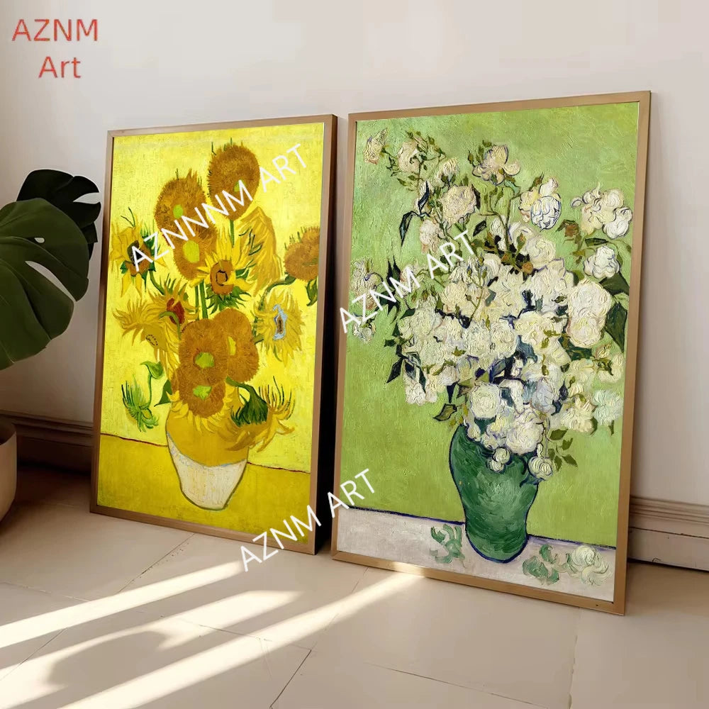 A framed painting featuring a vibrant yellow floral arrangement in a vase, displayed on a light-colored wall.