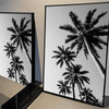 Black and white poster featuring silhouettes of palm trees against a light background.
