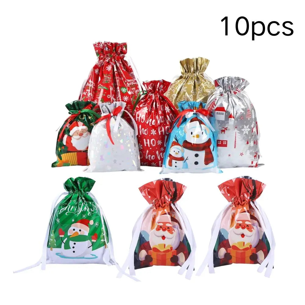 Ten reusable red and gold drawstring gift bags featuring a snowflake design for Christmas gifts