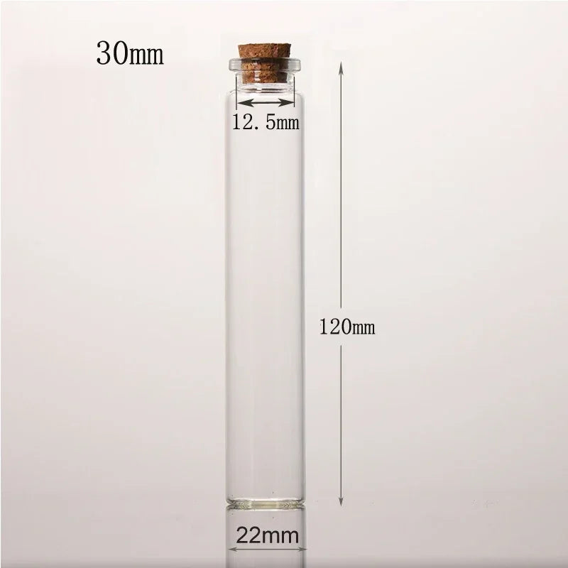 A clear glass bottle with a cork stopper, measuring 30mm in height and 12.5mm in diameter.