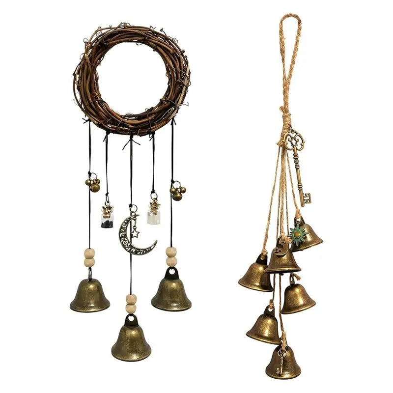 A set of two handmade brass witch bells with long chains for door knobs.