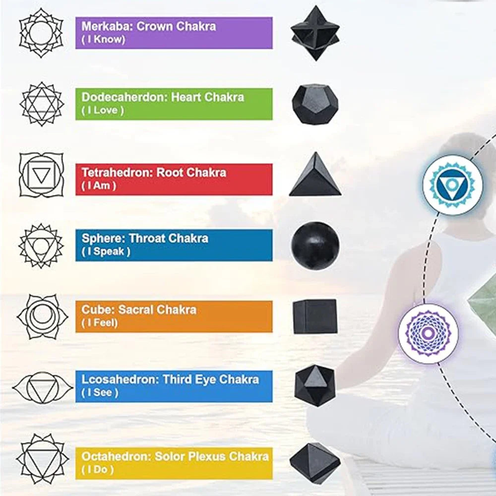 A set of seven Platonic geometry healing crystals representing different chakras, including a crown chakra and root chakra.