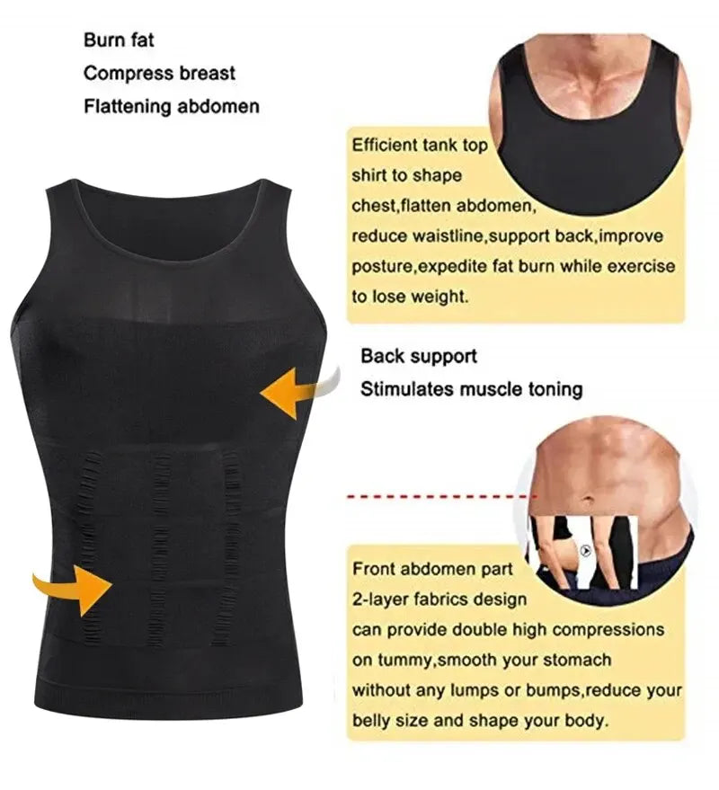 Black seamless compression tank top designed to flatten the abdomen and tone muscles.