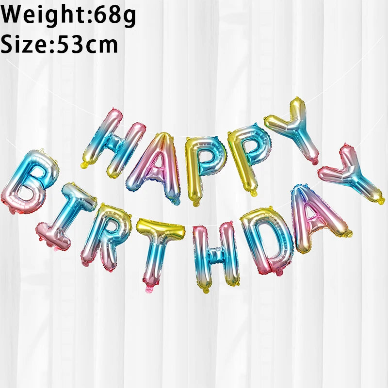A set of thirteen foil letter birthday balloons spelling out HAPPY BIRTHDAY in various iridescent colors