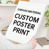 A person holds up a white canvas material poster with black text that reads Canvas Material Custom Poster Print