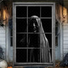 A silhouette of a ghostly figure in a veil is displayed through a barred window on a porch.