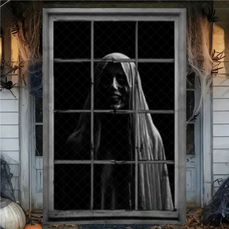 A silhouette of a ghostly figure in a veil is displayed through a barred window on a porch.
