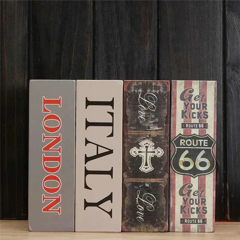 Three vertical books labeled London, Italy, and Get Your Kicks Route 66 displayed against a dark wooden background.