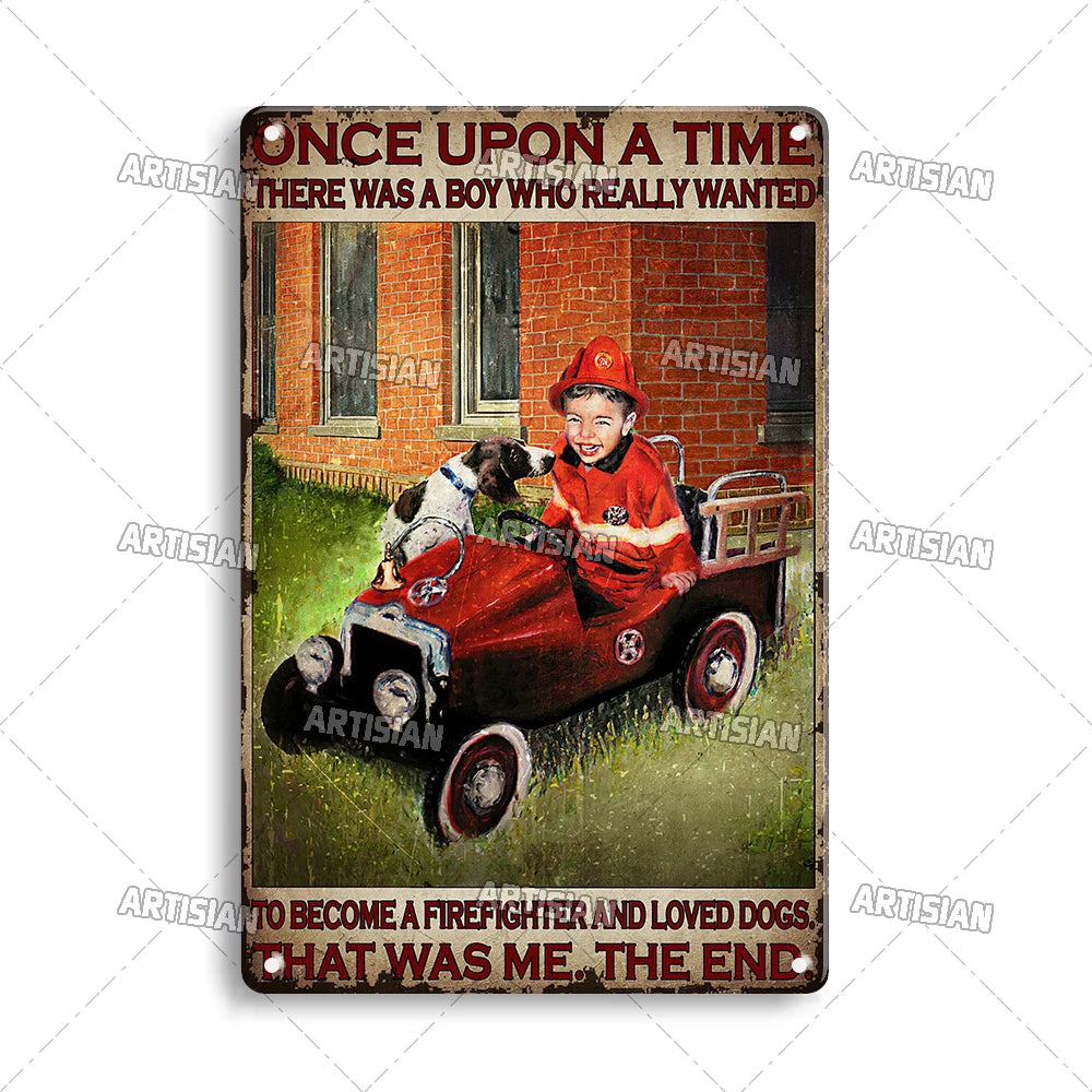 Vintage metal sign depicting a boy in a firefighter's outfit with a dog in a vintage red vehicle.