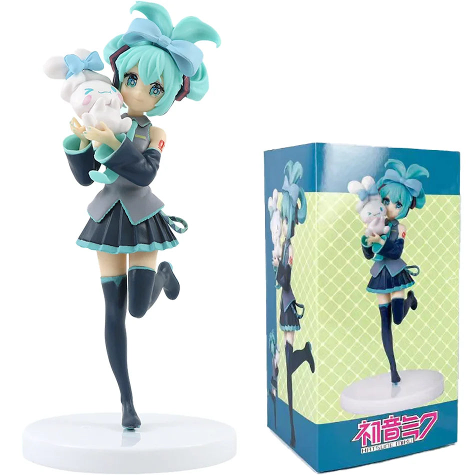 A PVC collectible figurine of Hatsune Miku in a school uniform with a pet, displayed on a white base.