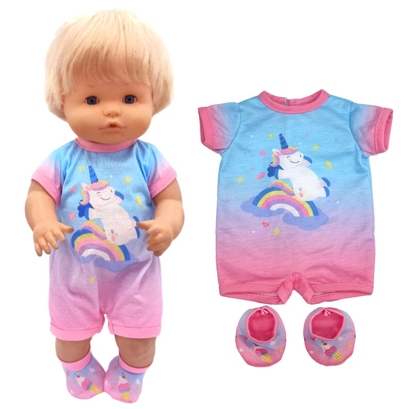 A blonde doll wearing a pink and blue outfit set with matching pink hats.