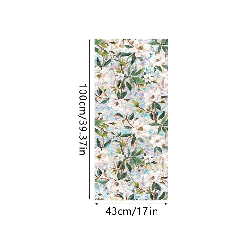 Botanical print static cling window film featuring white and green floral patterns