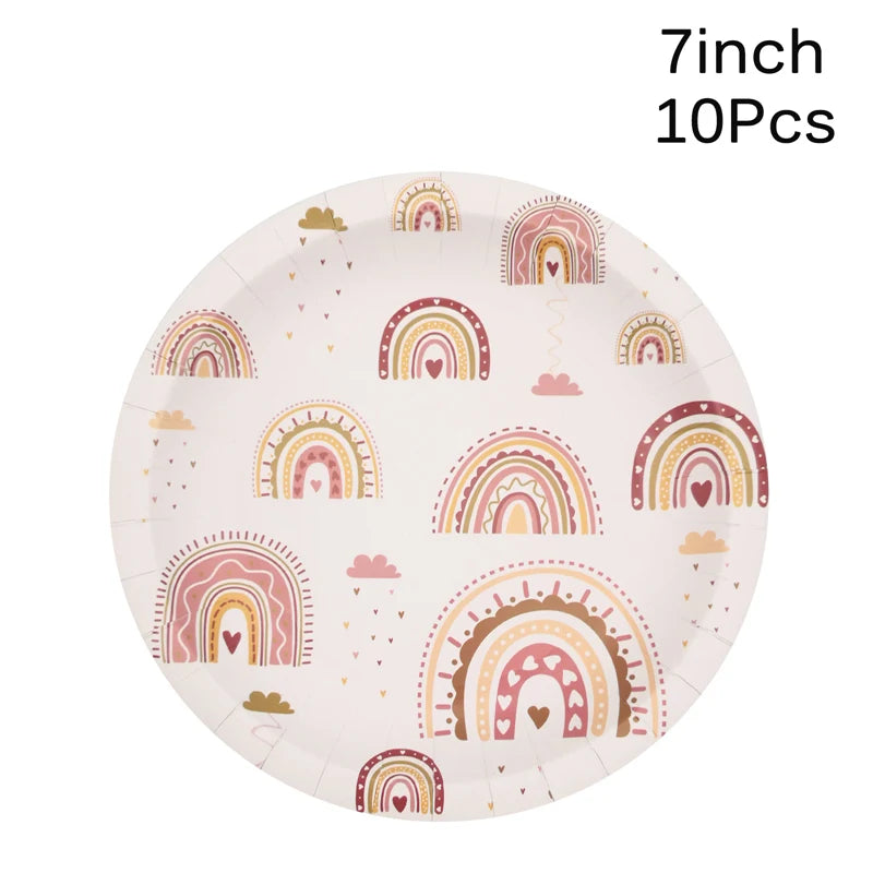 A plate featuring multiple pastel rainbow designs for a disposable party tableware set.