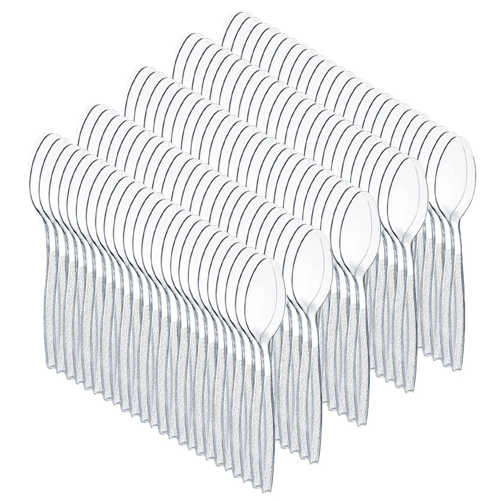 A stack of 100 disposable plastic silverware pieces in silver color.