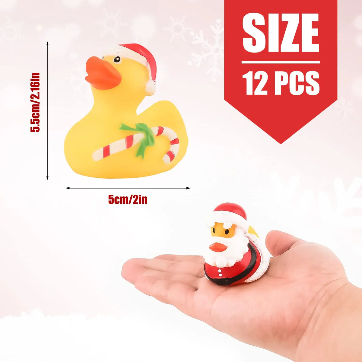 A yellow rubber duck with a Santa hat and a red and white candy cane, shown next to a hand.
