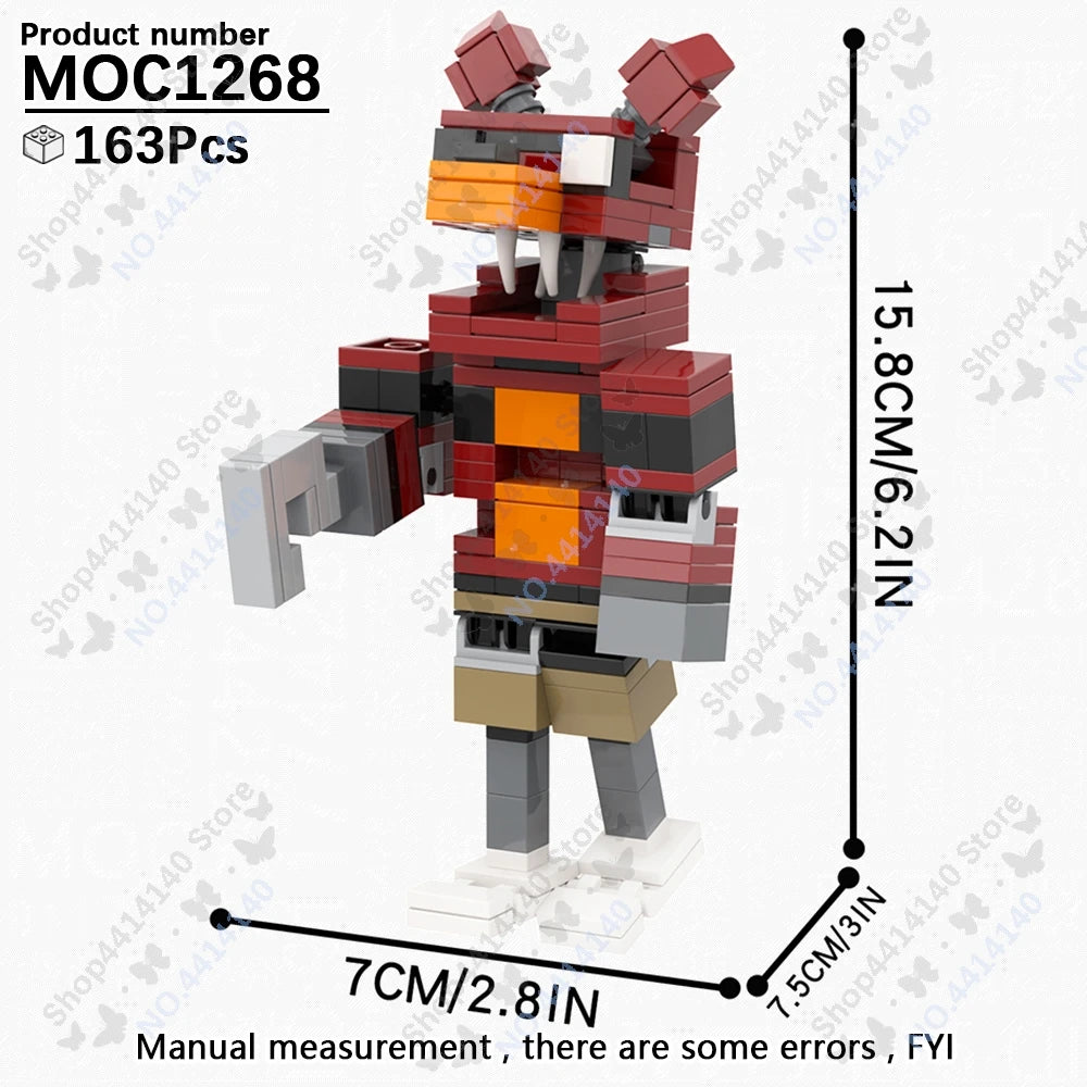 A red and orange building block model of a fox character, measuring 15.8cm tall.