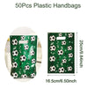A set of 50 green plastic handbags or gift bags with a soccer theme and banner