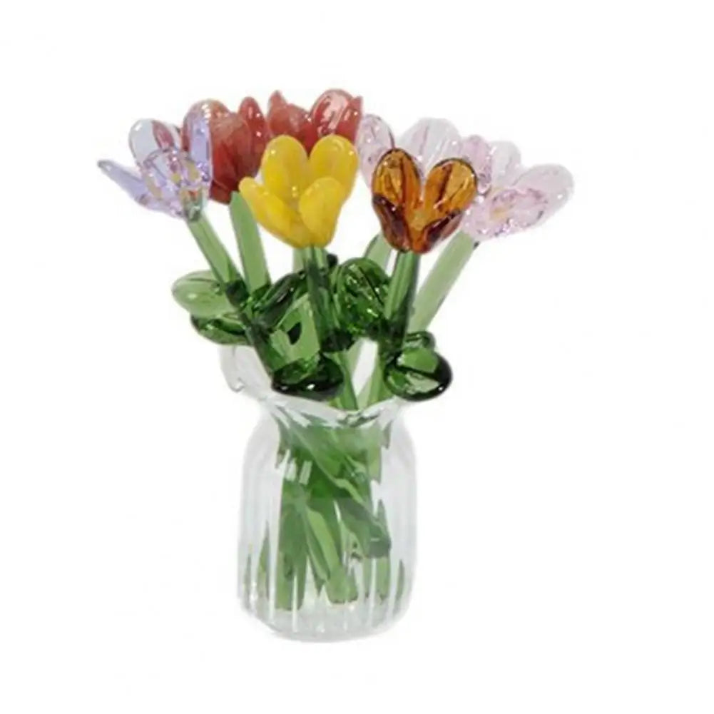 Hand-Blown Glass Flower Bouquet with Vase