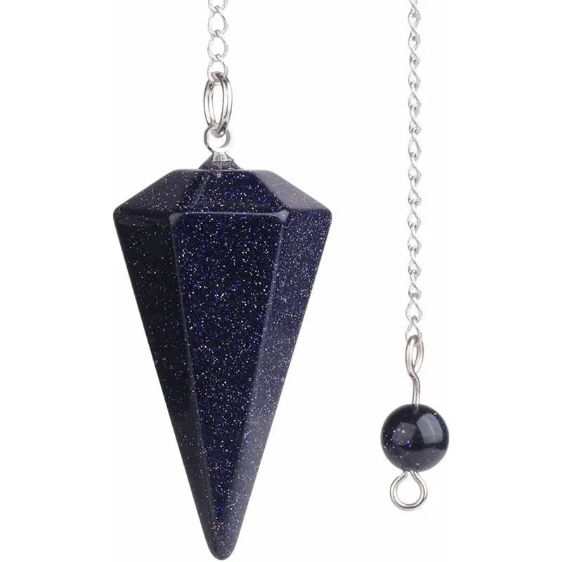 A dark blue natural stone pendant shaped like a diamond point suspended by a chain.