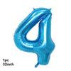 A single blue latex balloon shaped like the number 4, measuring 32 inches.