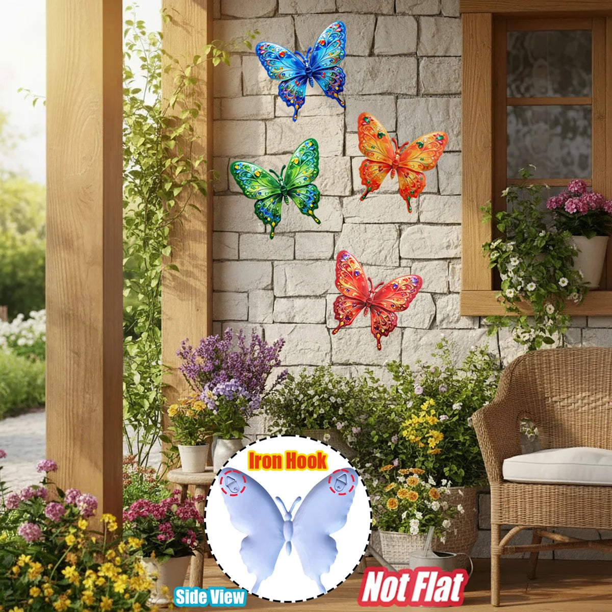A set of four vibrant metal butterfly wall art decorations are displayed on a stone wall next to a wooden window frame.