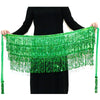 A green hula dancer layer skirt made of sequins with tassel belts displayed on a black dress.